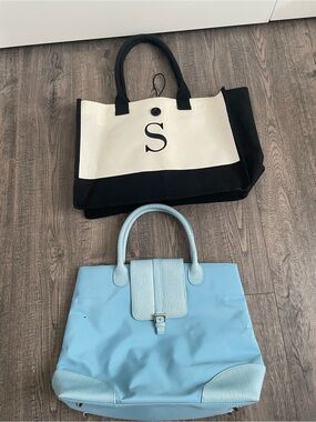Light Blue TLight Blue Tote Bag with Silver Accents and Black and White Tote Bag
